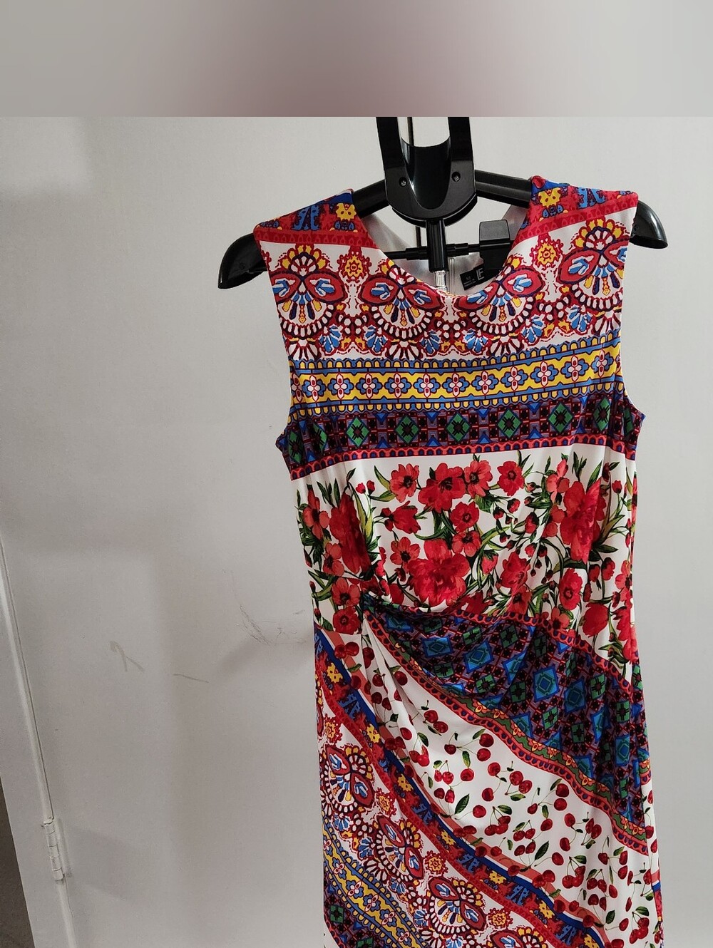 Leslie Fay Red Multicolor Floral Patchwork Midi Dress